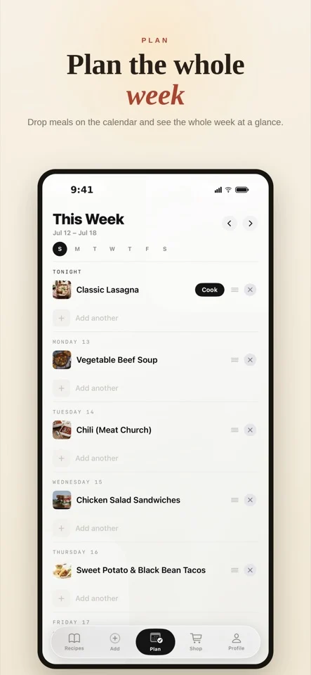 Pocket Chef product artwork illustrating a weekly meal plan