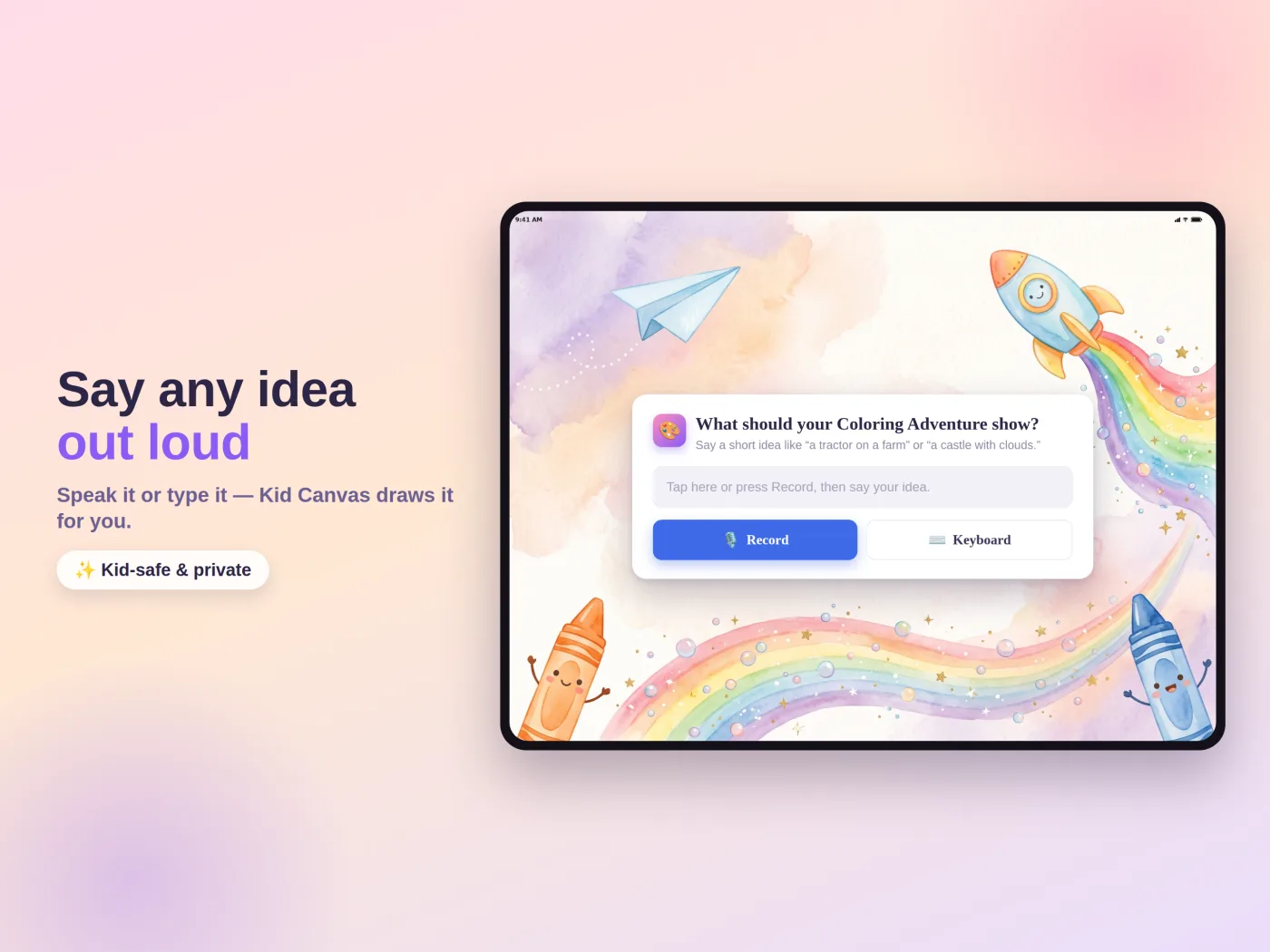 Kid Canvas voice and keyboard prompt screen