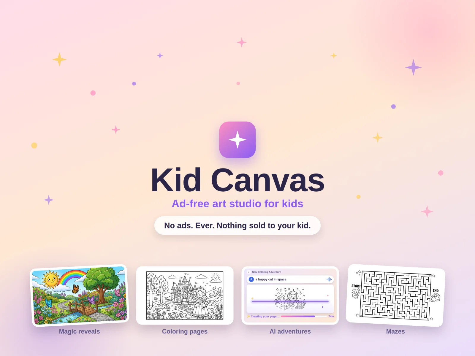 Kid Canvas showing magic reveals, coloring pages, AI adventures, and mazes