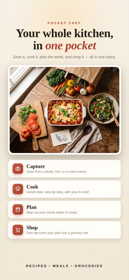 Pocket Chef App Store preview showing recipes, meal planning, and a grocery list