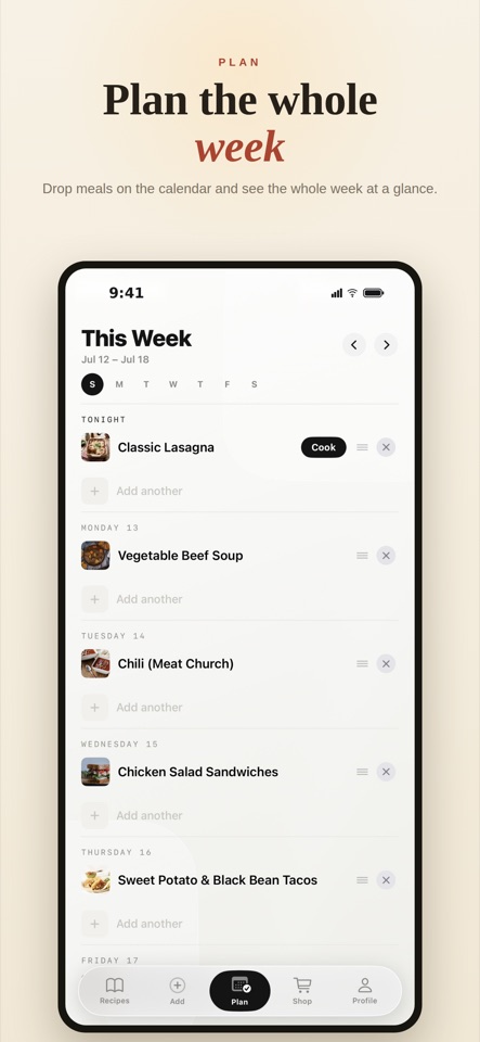 Pocket Chef weekly meal plan