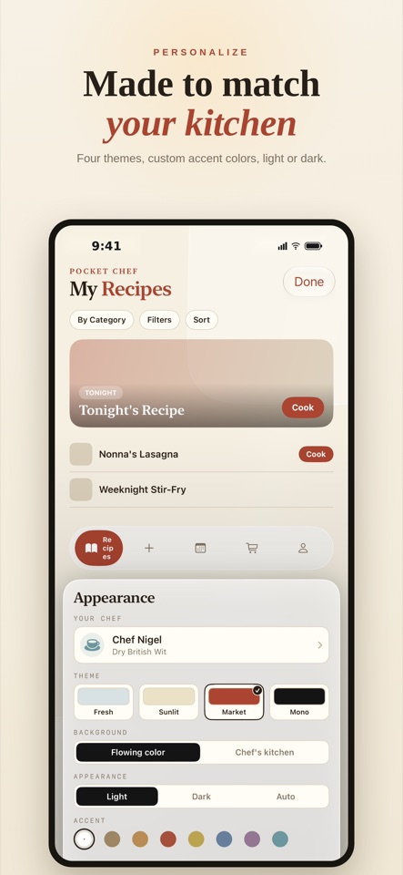 Pocket Chef interface with personalized grocery-store styling